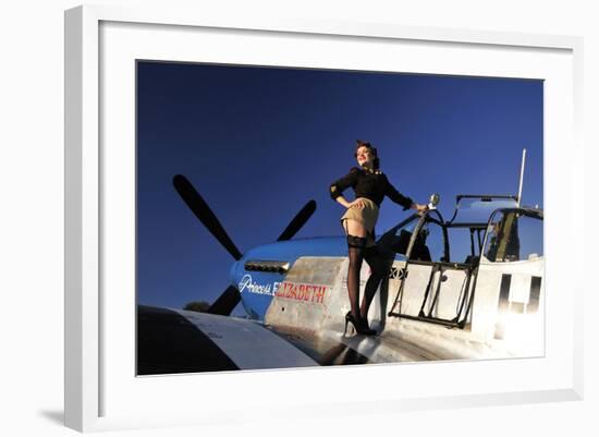 Pin-Up Girl Standing on the Wing of a P-51 Mustang-null-Framed Photographic Print