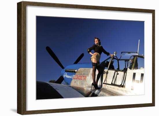 Pin-Up Girl Standing on the Wing of a P-51 Mustang-null-Framed Photographic Print