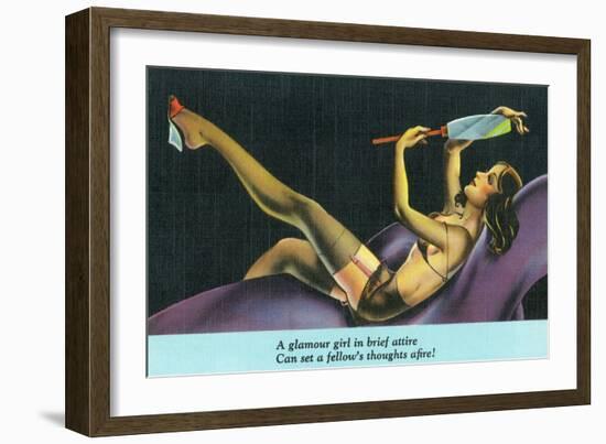 Pin-Up Girls - Glamour Girl in Brief Attire Sets Fellow's Thoughts Afire-Lantern Press-Framed Art Print