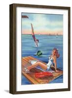 Pin-Up Girls - Inspiration Scene; Woman on Float on Lake-Lantern Press-Framed Art Print