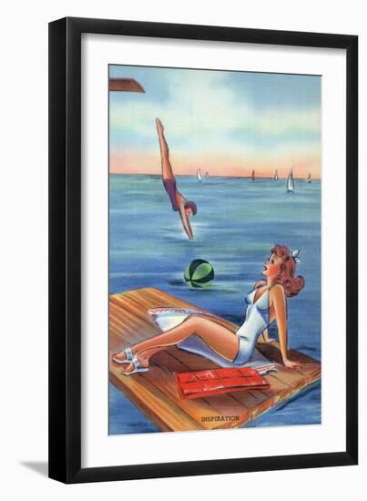 Pin-Up Girls - Inspiration Scene; Woman on Float on Lake-Lantern Press-Framed Art Print