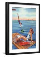 Pin-Up Girls - Inspiration Scene; Woman on Float on Lake-Lantern Press-Framed Art Print