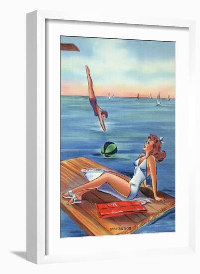 Pin-Up Girls - Inspiration Scene; Woman on Float on Lake-Lantern Press-Framed Art Print