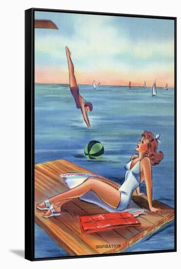 Pin-Up Girls - Inspiration Scene; Woman on Float on Lake-Lantern Press-Framed Stretched Canvas