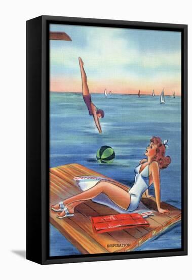 Pin-Up Girls - Inspiration Scene; Woman on Float on Lake-Lantern Press-Framed Stretched Canvas