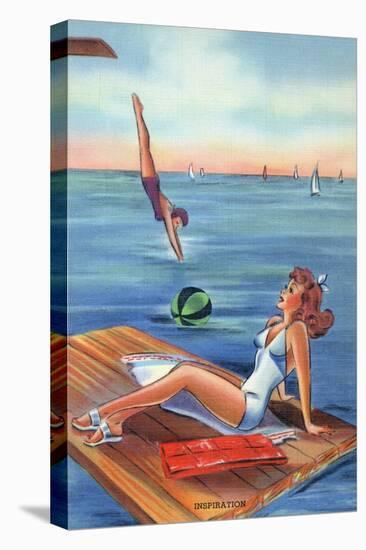 Pin-Up Girls - Inspiration Scene; Woman on Float on Lake-Lantern Press-Stretched Canvas