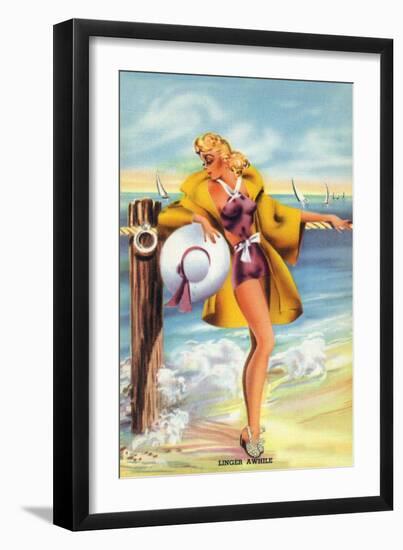 Pin-Up Girls - Linger Awhile; Beauty along the Shore-Lantern Press-Framed Art Print