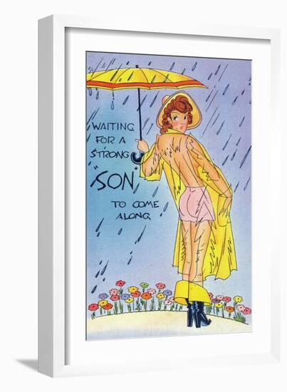 Pin-Up Girls - Waiting for a Strong 'Son' to Come along; Woman in See-through Raincoat-Lantern Press-Framed Art Print