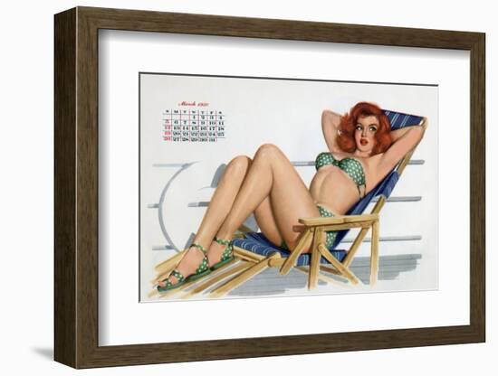 Pin Up in Bikini on a Deckchair on a Boat, Tanning, from Esquire Girl Calendar 1950 (March)-null-Framed Photo