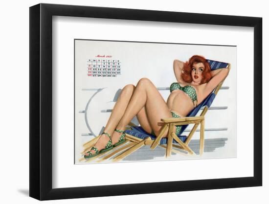 Pin Up in Bikini on a Deckchair on a Boat, Tanning, from Esquire Girl Calendar 1950 (March)-null-Framed Photo