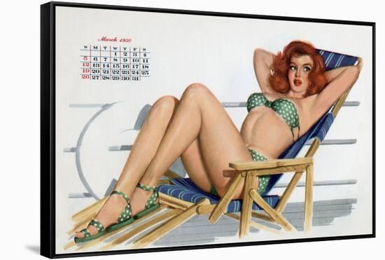 Pin Up in Bikini on a Deckchair on a Boat, Tanning, from Esquire Girl Calendar 1950 (March)-null-Framed Stretched Canvas