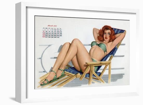 Pin Up in Bikini on a Deckchair on a Boat, Tanning, from Esquire Girl Calendar 1950 (March)-null-Framed Photo