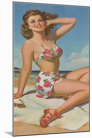 Pin-Up in Flowered Two-Piece-null-Mounted Art Print