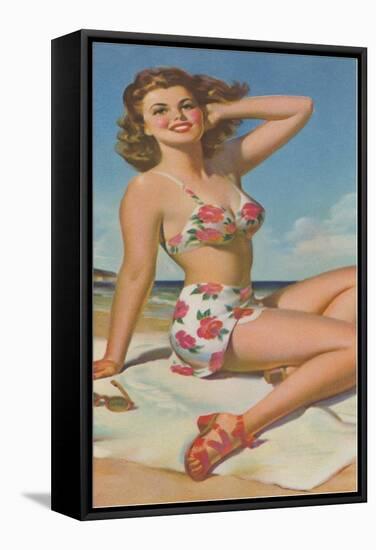 Pin-Up in Flowered Two-Piece-null-Framed Stretched Canvas