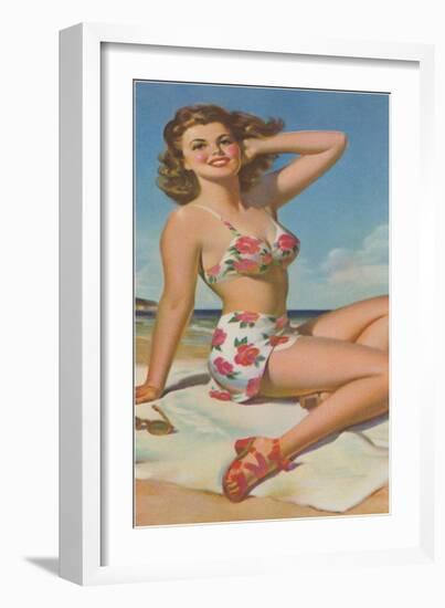 Pin-Up in Flowered Two-Piece-null-Framed Art Print