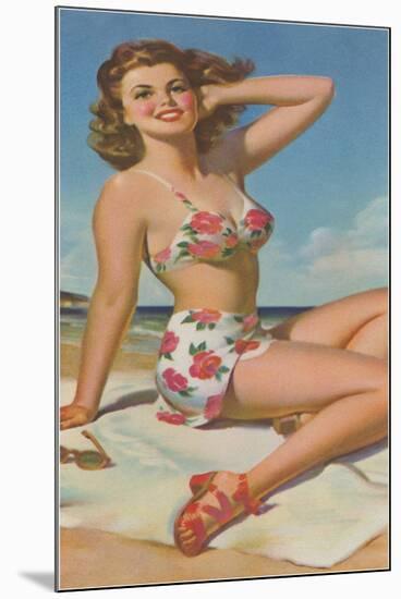 Pin-Up in Flowered Two-Piece-null-Mounted Art Print