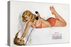 Pin Up with a Cat Playing with Phone Wire, from Esquire Girl Calendar 1950 (July)-null-Stretched Canvas