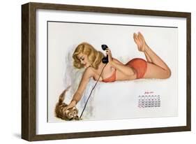 Pin Up with a Cat Playing with Phone Wire, from Esquire Girl Calendar 1950 (July)-null-Framed Photo