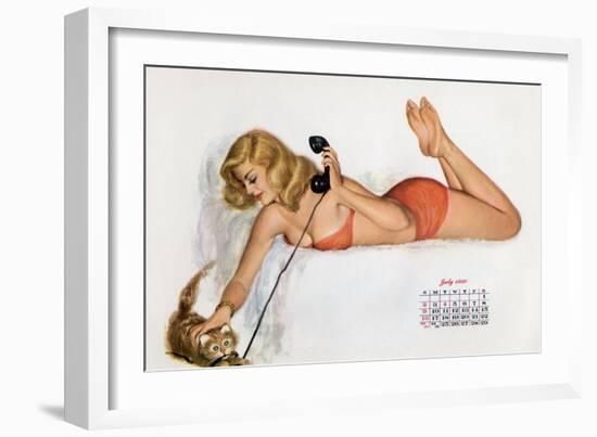 Pin Up with a Cat Playing with Phone Wire, from Esquire Girl Calendar 1950 (July)-null-Framed Photo