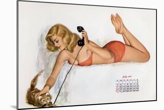 Pin Up with a Cat Playing with Phone Wire, from Esquire Girl Calendar 1950 (July)-null-Mounted Photo