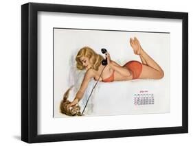 Pin Up with a Cat Playing with Phone Wire, from Esquire Girl Calendar 1950 (July)-null-Framed Photo