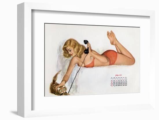 Pin Up with a Cat Playing with Phone Wire, from Esquire Girl Calendar 1950 (July)-null-Framed Photo