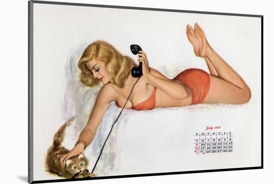 Pin Up with a Cat Playing with Phone Wire, from Esquire Girl Calendar 1950 (July)-null-Mounted Photo