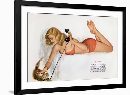 Pin Up with a Cat Playing with Phone Wire, from Esquire Girl Calendar 1950 (July)-null-Framed Photo