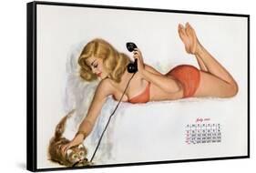 Pin Up with a Cat Playing with Phone Wire, from Esquire Girl Calendar 1950 (July)-null-Framed Stretched Canvas