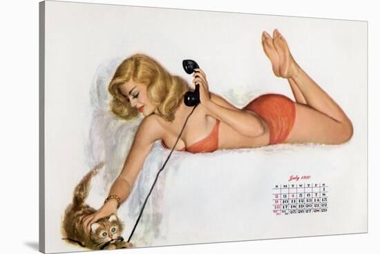 Pin Up with a Cat Playing with Phone Wire, from Esquire Girl Calendar 1950 (July)-null-Stretched Canvas