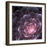 Pink abstract flower with sparkles on black background, fractal illustration-Anikakodydkova-Framed Art Print