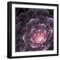 Pink abstract flower with sparkles on black background, fractal illustration-Anikakodydkova-Framed Art Print