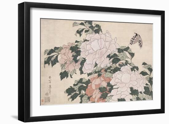 Pink and Red Peonies Blown to the Left in a Breeze and a Butterfly-Katsushika Hokusai-Framed Giclee Print