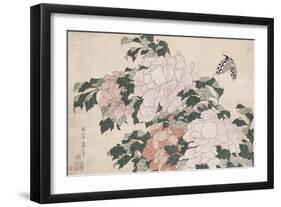 Pink and Red Peonies Blown to the Left in a Breeze and a Butterfly-Katsushika Hokusai-Framed Giclee Print