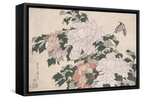 Pink and Red Peonies Blown to the Left in a Breeze and a Butterfly-Chokosai Eisho-Framed Stretched Canvas