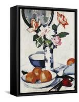 Pink and Tangerine Roses in a Blue and White Beaker Vase with Oranges in a Bowl and a Black Fan,…-Samuel John Peploe-Framed Stretched Canvas