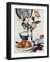 Pink and Tangerine Roses in a Blue and White Beaker Vase with Oranges in a Bowl and a Black Fan,…-Samuel John Peploe-Framed Giclee Print