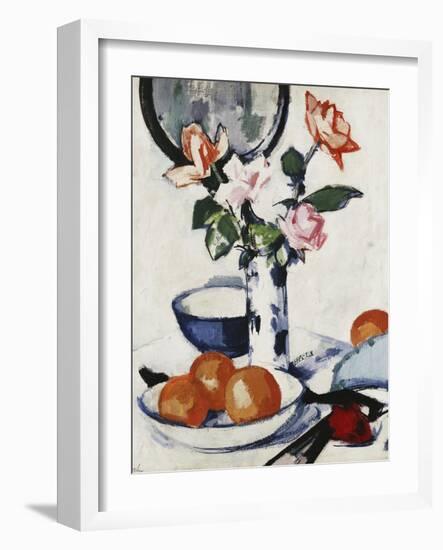 Pink and Tangerine Roses in a Blue and White Beaker Vase with Oranges in a Bowl and a Black Fan,…-Samuel John Peploe-Framed Giclee Print