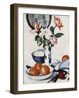 Pink and Tangerine Roses in a Blue and White Beaker Vase with Oranges in a Bowl and a Black Fan-Samuel John Peploe-Framed Giclee Print