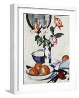 Pink and Tangerine Roses in a Blue and White Beaker Vase with Oranges in a Bowl and a Black Fan-Samuel John Peploe-Framed Giclee Print