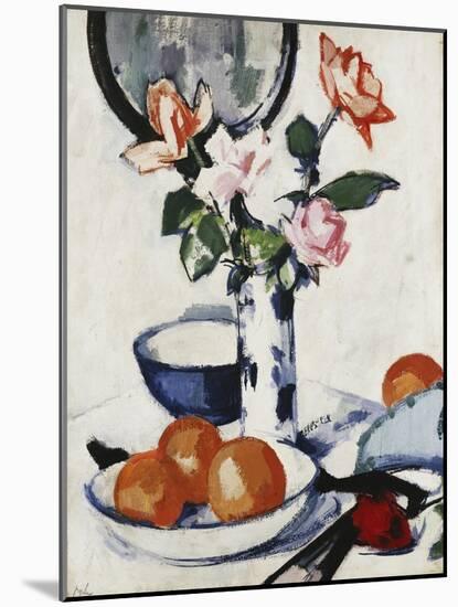 Pink and Tangerine Roses in a Blue and White Beaker Vase with Oranges in a Bowl and a Black Fan-Samuel John Peploe-Mounted Giclee Print