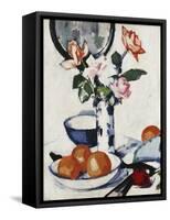 Pink and Tangerine Roses in a Blue and White Beaker Vase with Oranges in a Bowl and a Black Fan-Samuel John Peploe-Framed Stretched Canvas