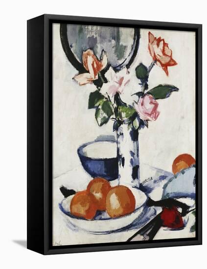 Pink and Tangerine Roses in a Blue and White Beaker Vase with Oranges in a Bowl and a Black Fan-Samuel John Peploe-Framed Stretched Canvas
