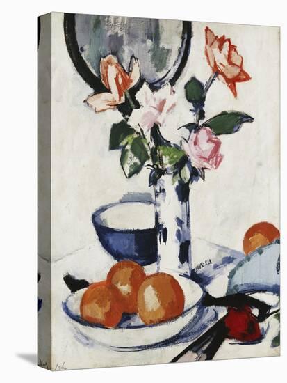 Pink and Tangerine Roses in a Blue and White Beaker Vase with Oranges in a Bowl and a Black Fan-Samuel John Peploe-Stretched Canvas