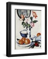 Pink and Tangerine Roses in a Blue and White Beaker Vase with Oranges in a Bowl and a Black Fan-Samuel John Peploe-Framed Premium Giclee Print