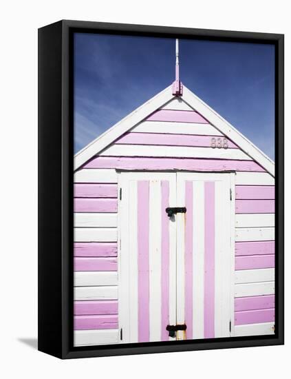 Pink and White Striped Beach Hut, Felixstowe, Suffolk, England, United Kingdom, Europe-Mark Sunderland-Framed Stretched Canvas