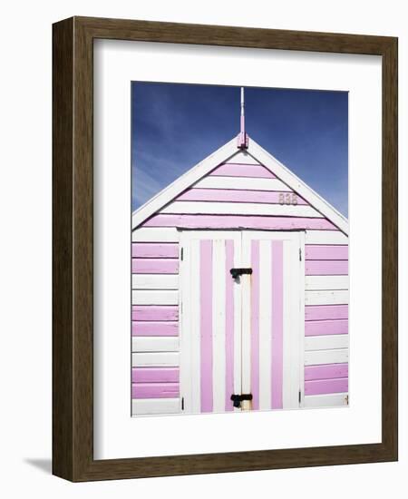 Pink and White Striped Beach Hut, Felixstowe, Suffolk, England, United Kingdom, Europe-Mark Sunderland-Framed Photographic Print