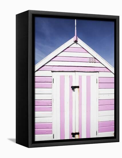 Pink and White Striped Beach Hut, Felixstowe, Suffolk, England, United Kingdom, Europe-Mark Sunderland-Framed Stretched Canvas