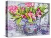 Pink and White Tulips, Orchids and Blue Antique China-Joan Thewsey-Stretched Canvas