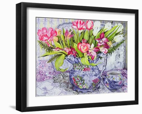 Pink and White Tulips, Orchids and Blue Antique China-Joan Thewsey-Framed Giclee Print